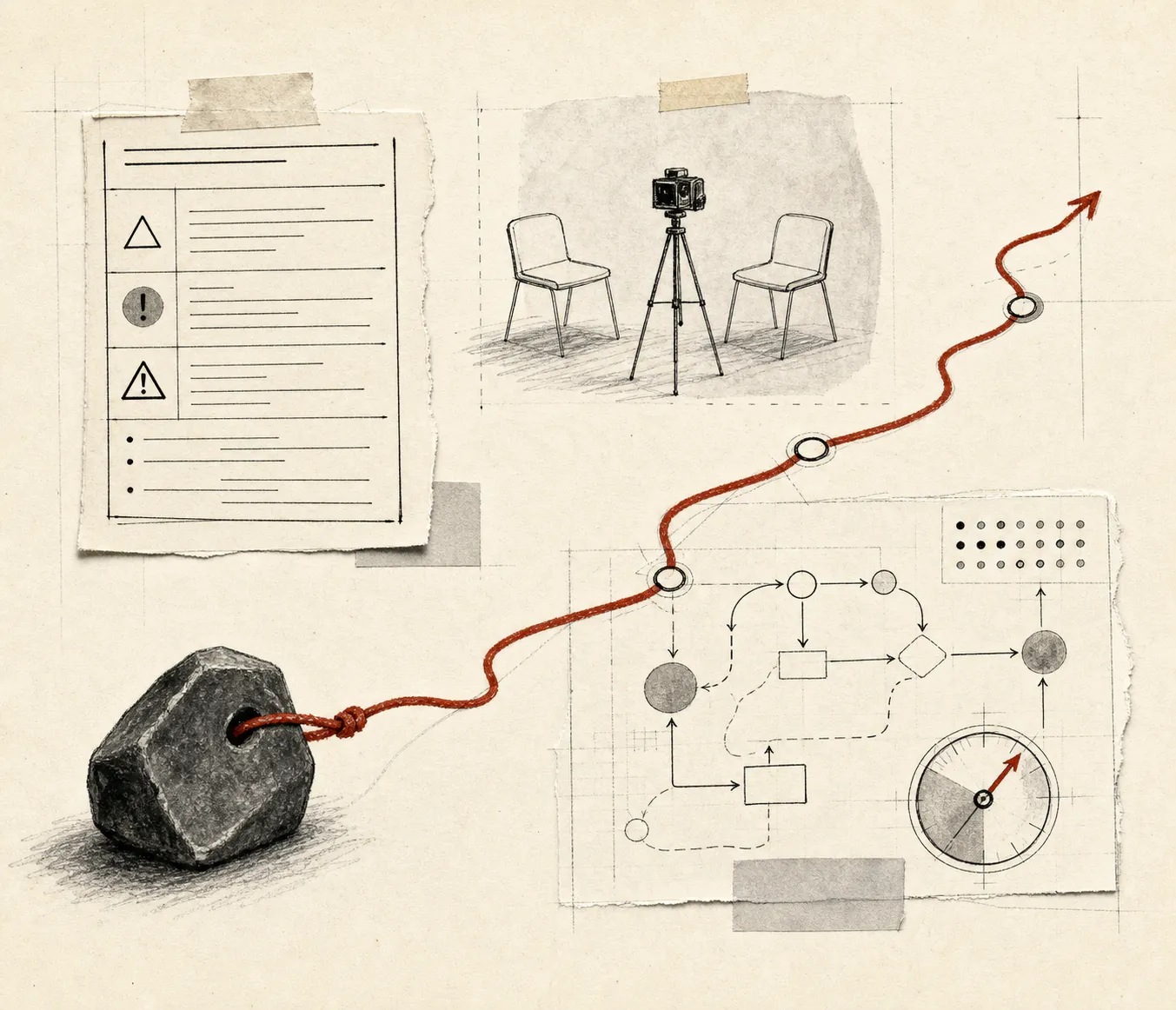 A red cord hauls a heavy boulder past a warning checklist and a studio camera toward a climbing arrow.