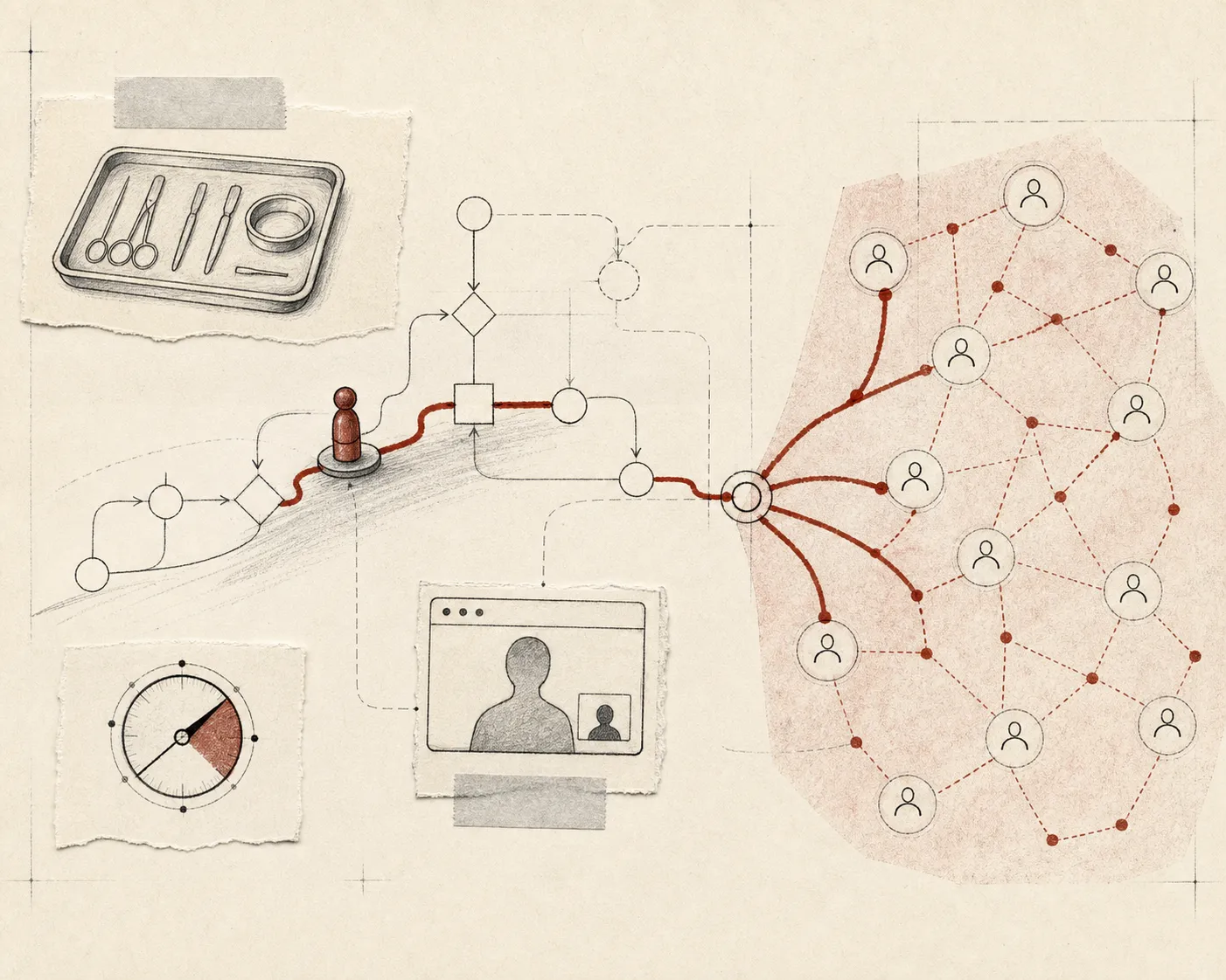 A pawn on a flowchart fans red threads to a wide network of people, beside a surgical tray and gauge.