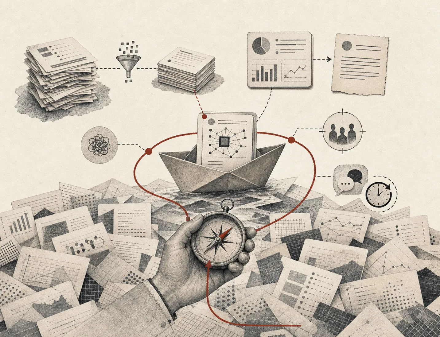 A hand holds a compass over a flood of documents while a paper boat carries a circuit-marked page.