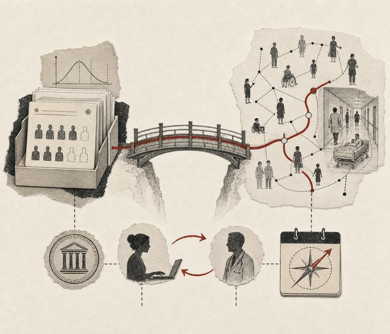 A red-topped bridge links a filing box of ID cards to a networked patient crowd and a hospital corridor.