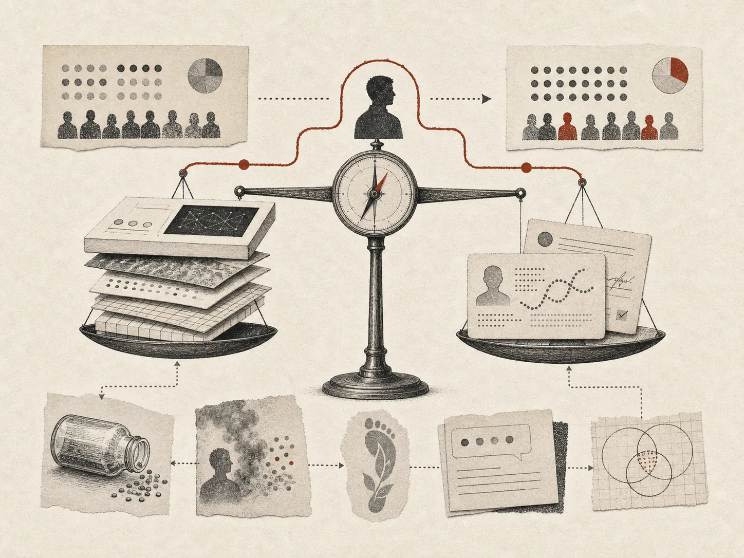 A balance scale crowned by a compass weighs a stack of data screens against machine-readable ID cards.