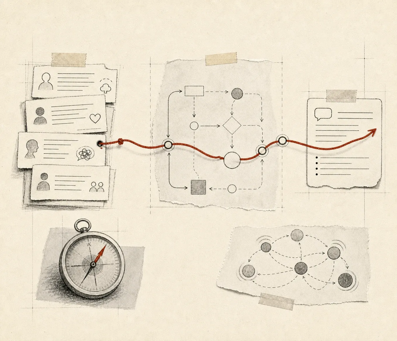 Patient profile cards send a red thread through a flowchart to a document with a speech bubble, above a compass and a spreading network of nodes.