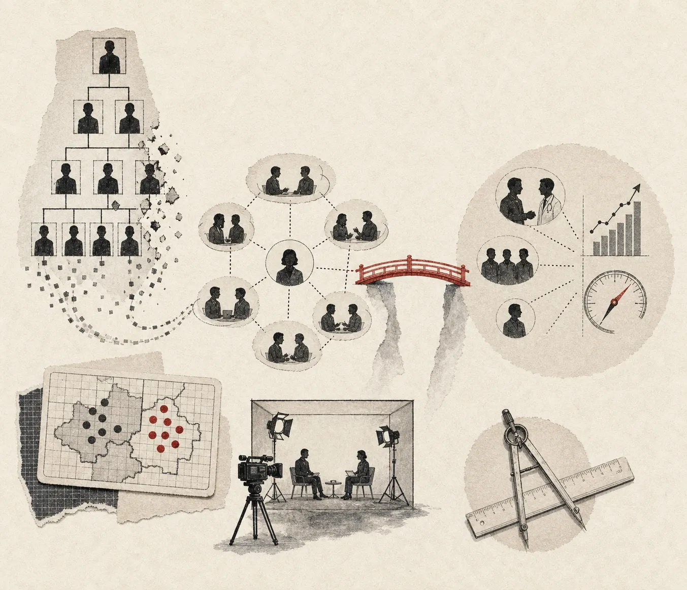A crumbling hierarchy pyramid disperses into a peer network of conversations, crossing a red bridge to a rising chart.