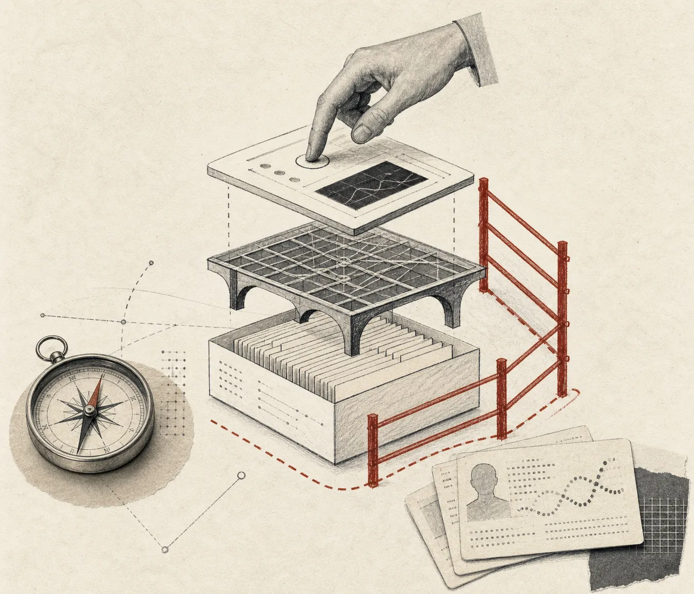 A hand presses a control panel atop a tiered card archive, ringed by a red boundary beside a compass.