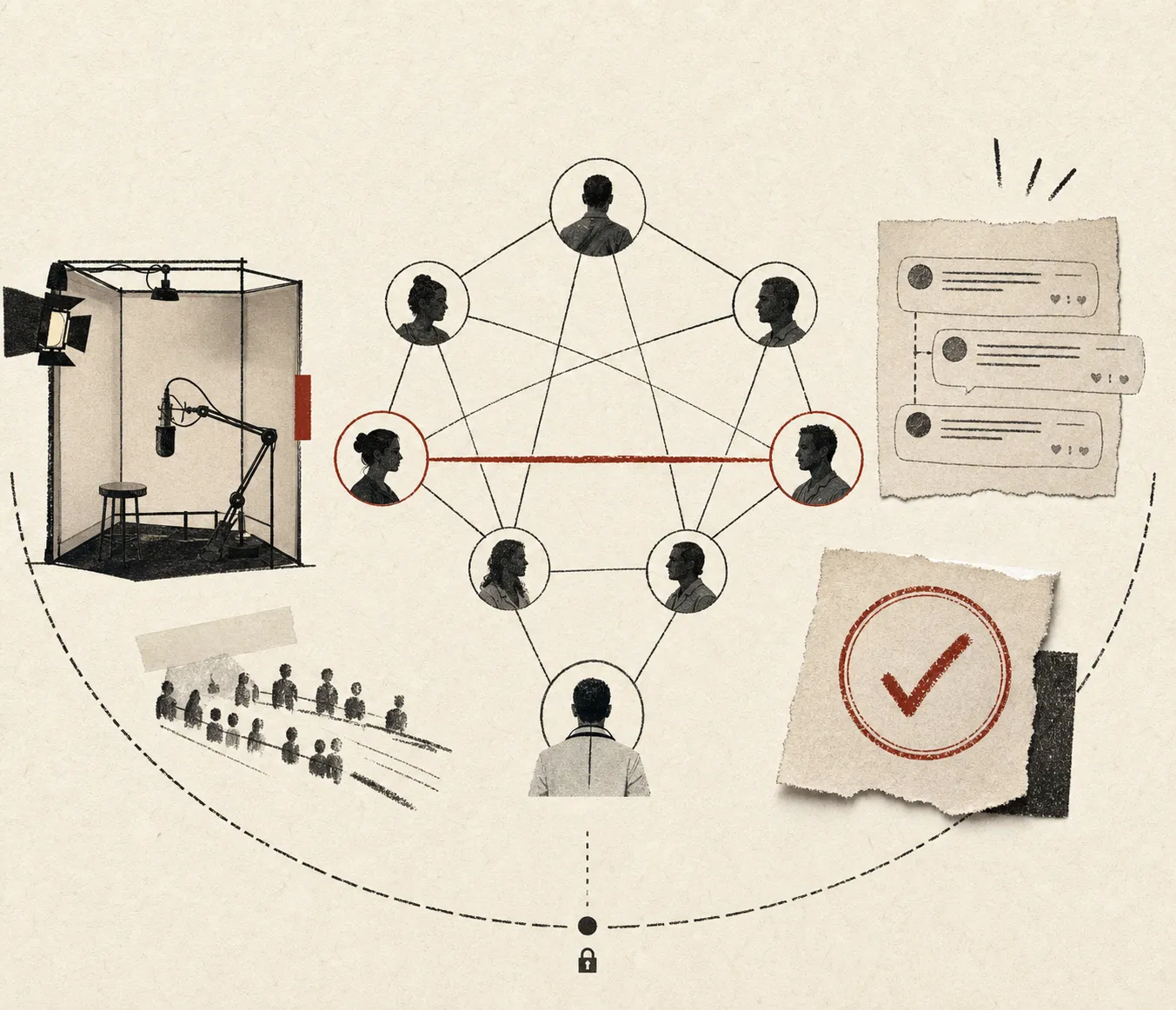 A microphone booth beside an interconnected portrait network, one link in red, with liked comment cards and a tick stamp.
