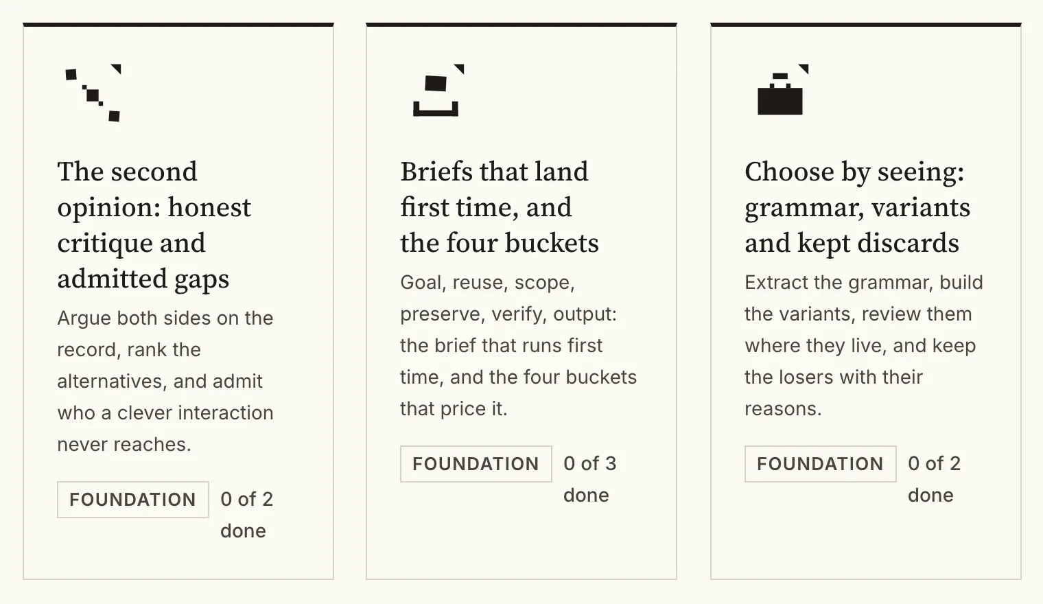 Three cards from the curriculum: 'The second opinion: honest critique and admitted gaps', 'Briefs that land first time, and the four buckets', and 'Choose by seeing: grammar, variants and kept discards', the last described as extracting the grammar, building the variants, reviewing them where they live, and keeping the losers with their reasons.